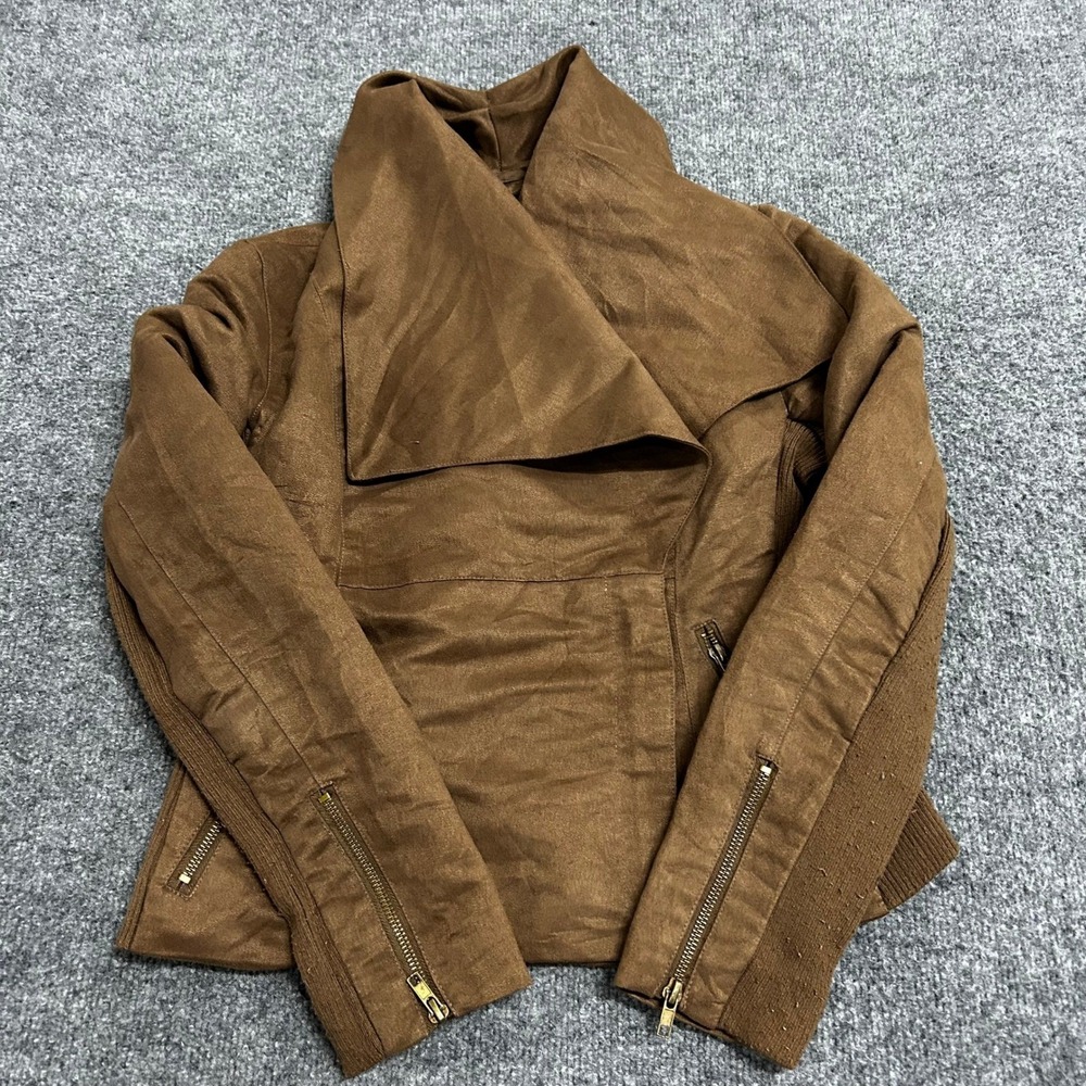 New York & Company Jacket Womens XS Brown Faux Suede Draped Open Front Moto Zip